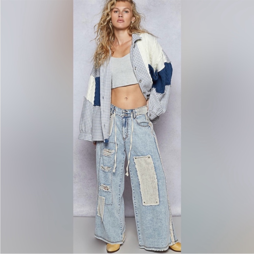 POL Multi-Textured Shacket | Blue & Cream | Oversized Small | NWOT